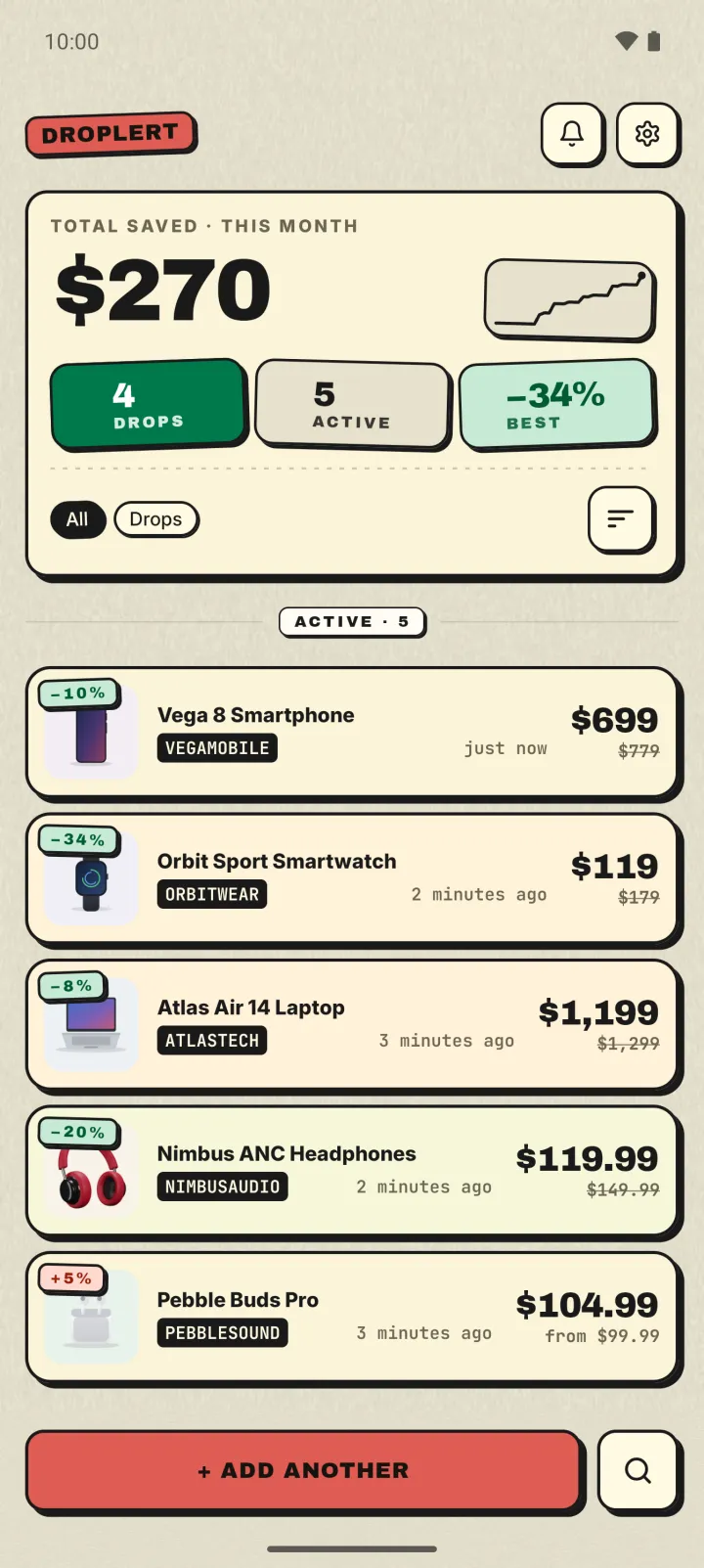 Droplert home screen listing tracked products with their current prices